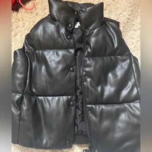 Calvin Klein Black Faux Leather Puffer Vest with Snap Detail